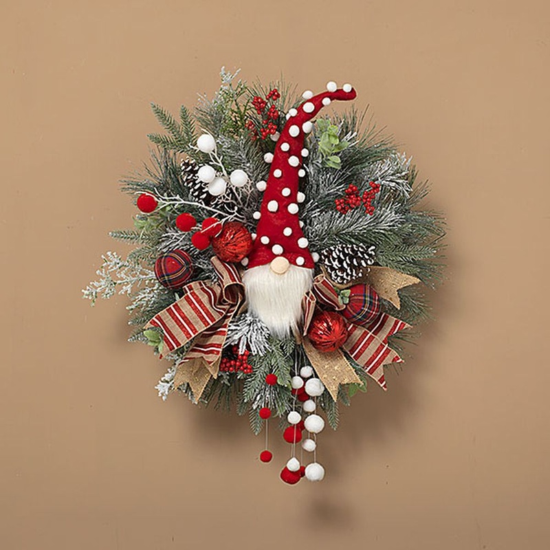 Gerson 26 Holiday Pine & Pinecone Wreath with Bow, Plush Gnome & Pom Pom