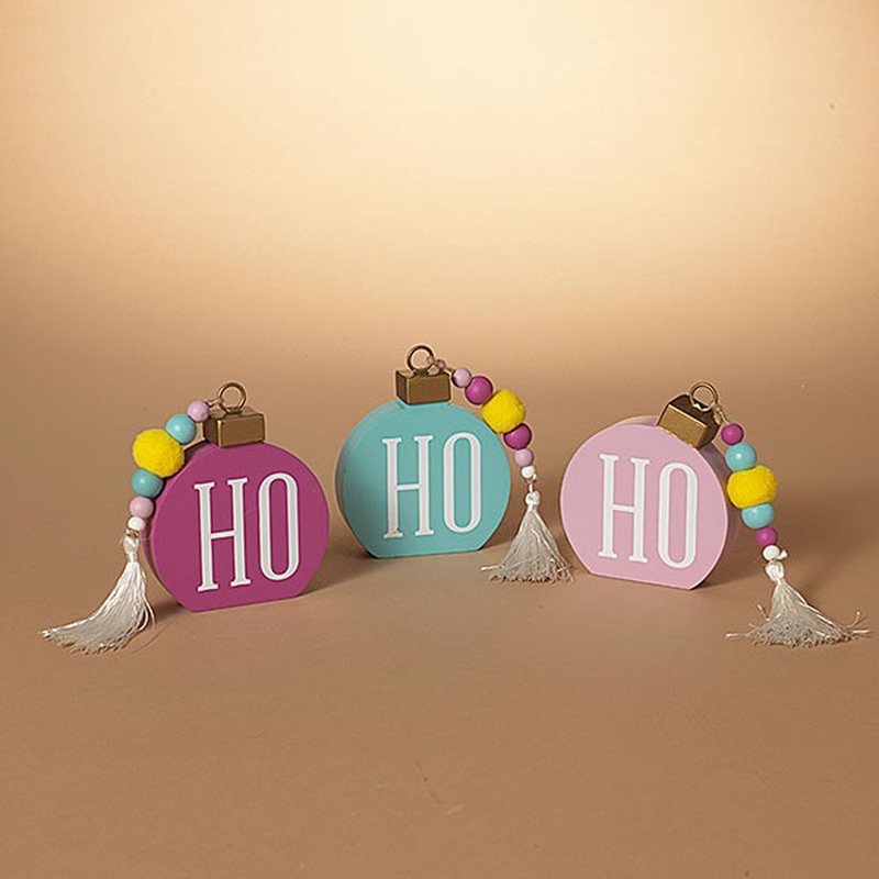 Gerson Company Set of 3 Wood Holiday Hohoho Block with Beads & Pom Pom Accent