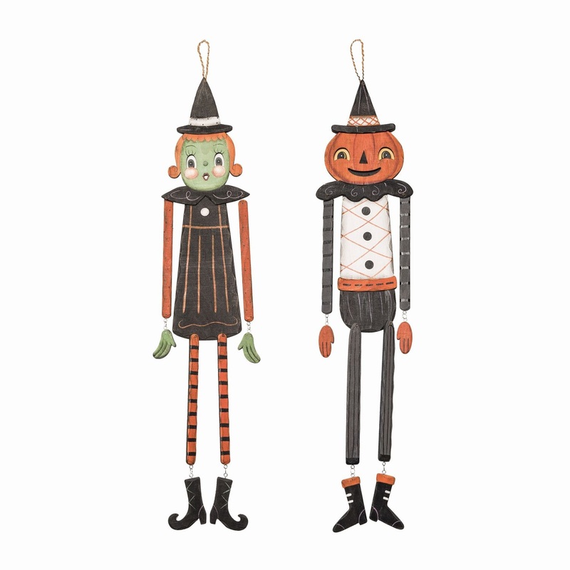 Transpac Plywood Dangling Pumpkin/Witch, Set Of 2, Assortment