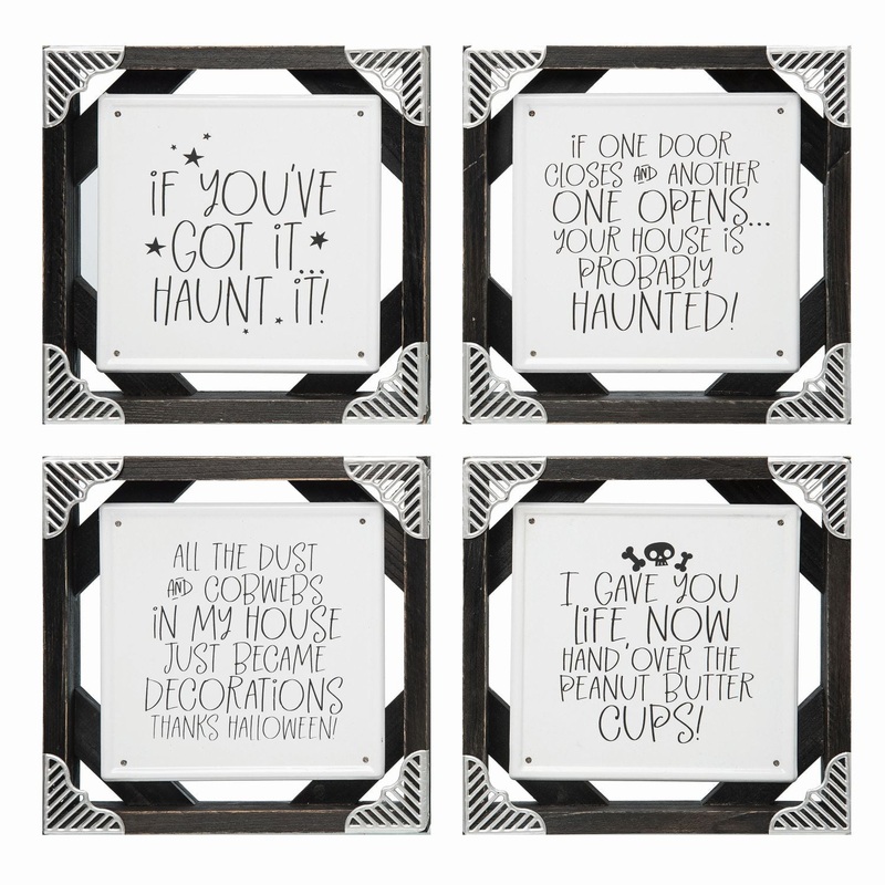 Transpac Wood Halloween Humor Block Decor, Set Of 4, Assortment