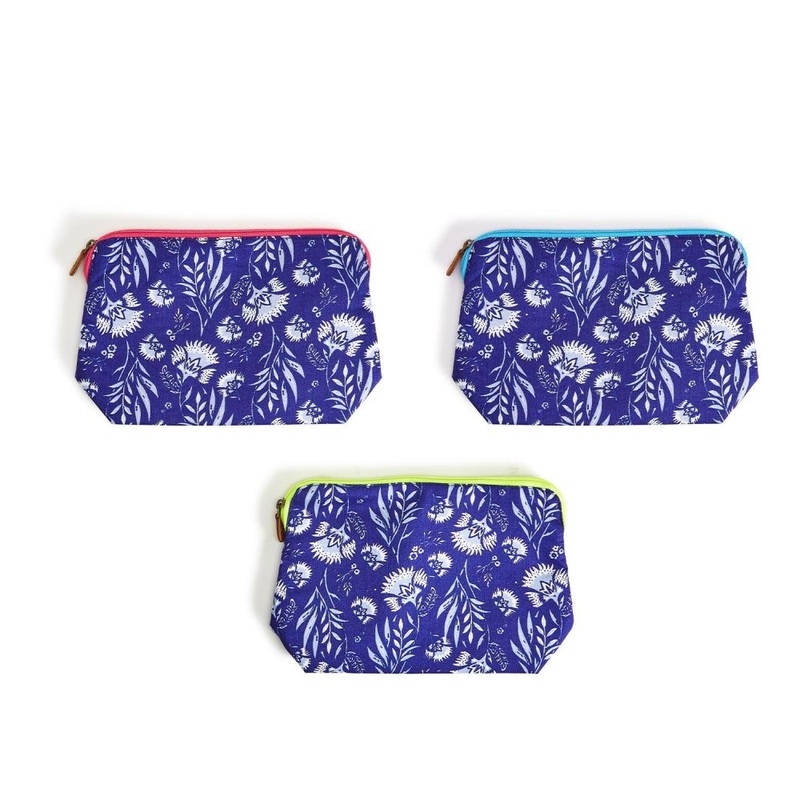Bella Fleur Floral Travel Pouch with Genuine Leather Zipper Pull Asst 3 Colors