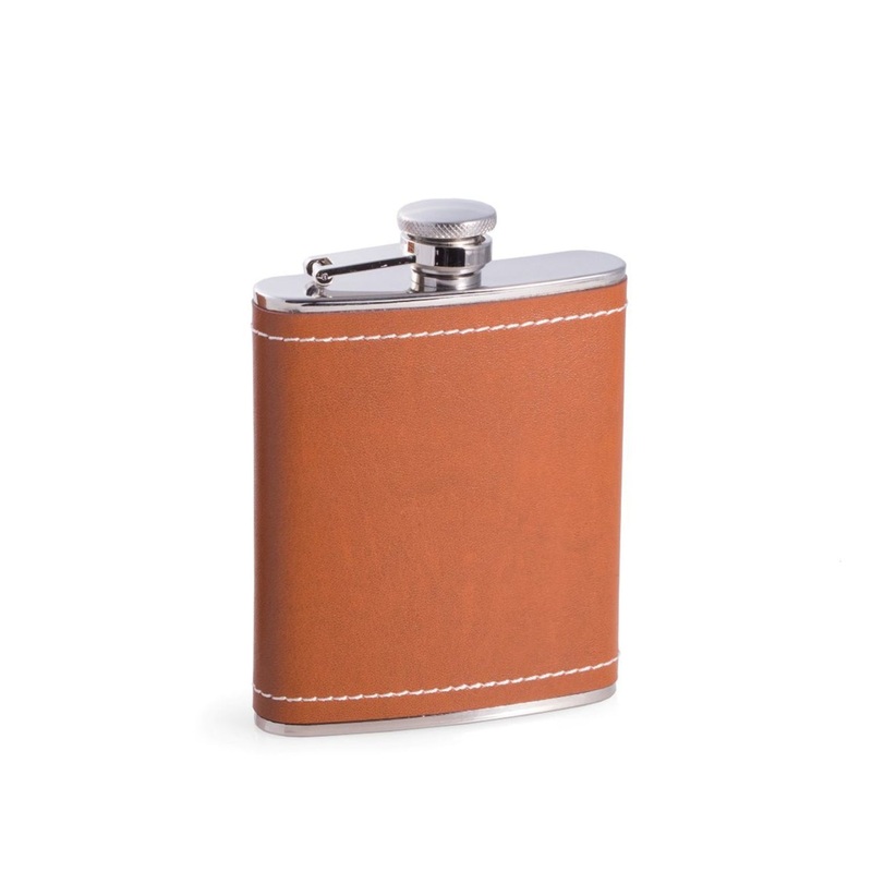 Bey Berk 6 Oz. Saddle Brown Leather & White Stitch Flask