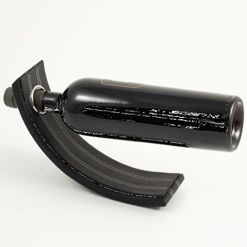 Bey Berk Black Leather Balancing Wine Bottle Stand