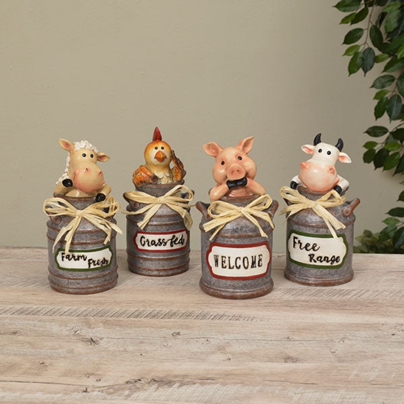 Gerson Company 8.8H Resin Farm Animal in Milk Can, 4 Asst