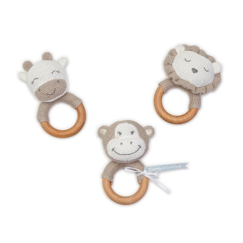 Knitted Rattle with Natural Wood Grip Ring Asst 3 Designs: Monkey, Giraffe, Lion