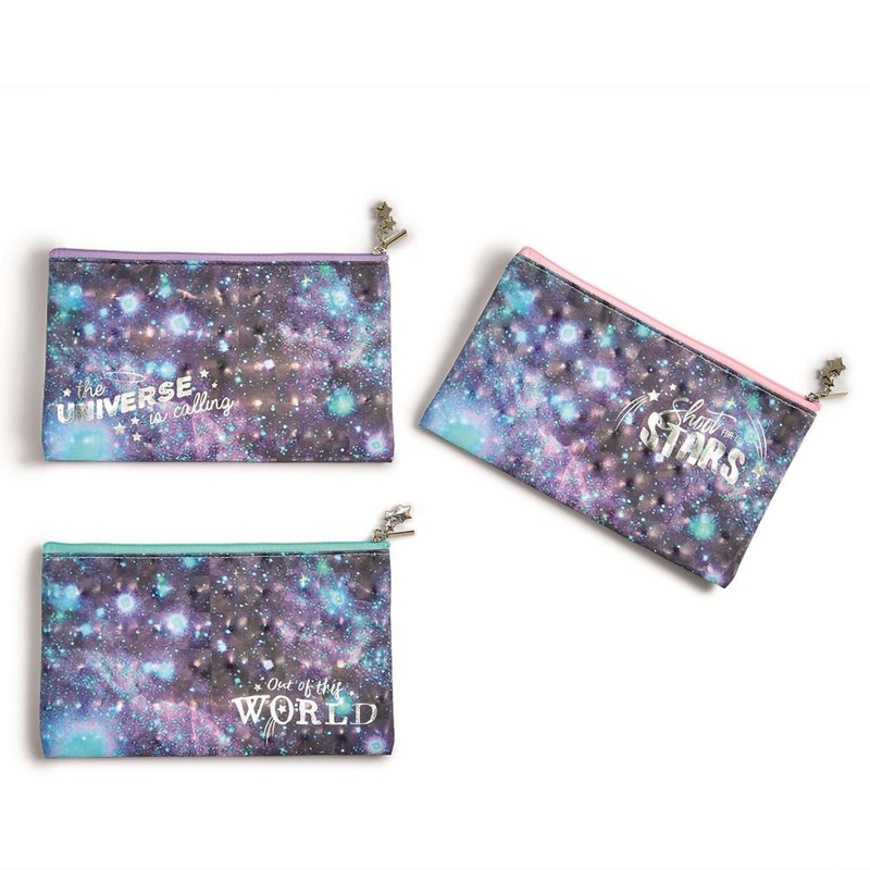 Multipurpose Zippered Bag w/ Sliver Metallic Print & Stars Charm Asst 3 Designs