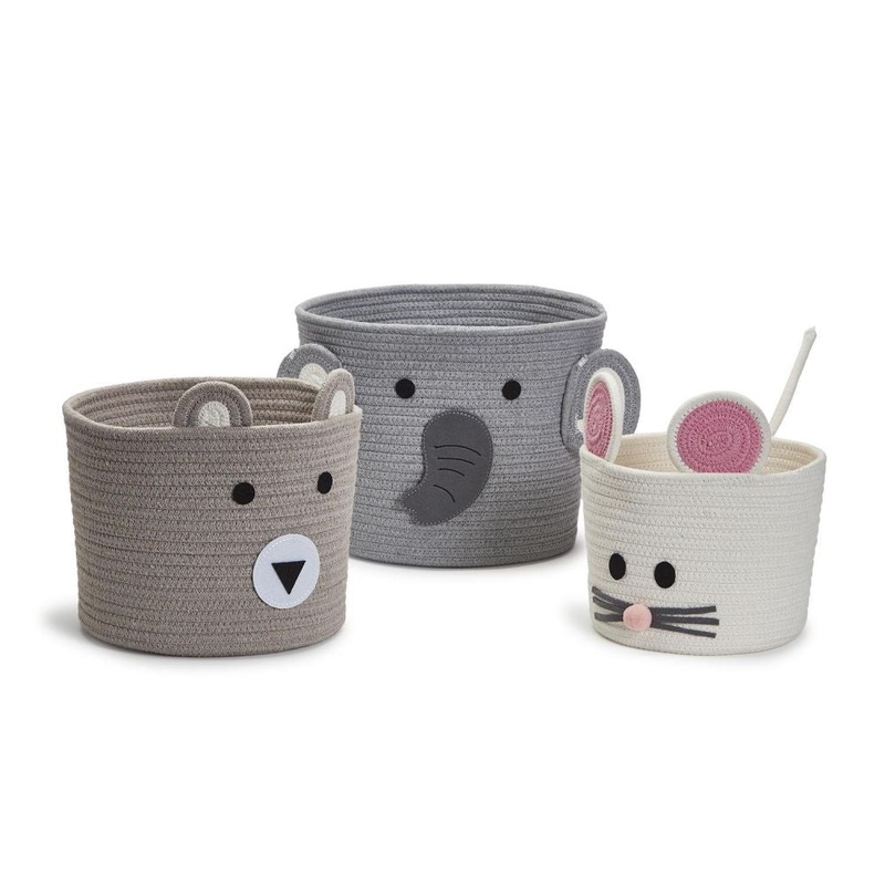 Set of 3 Animal Hand-Crafted Rope Baskets w/ Applique Includes 3 Designs/Sizes