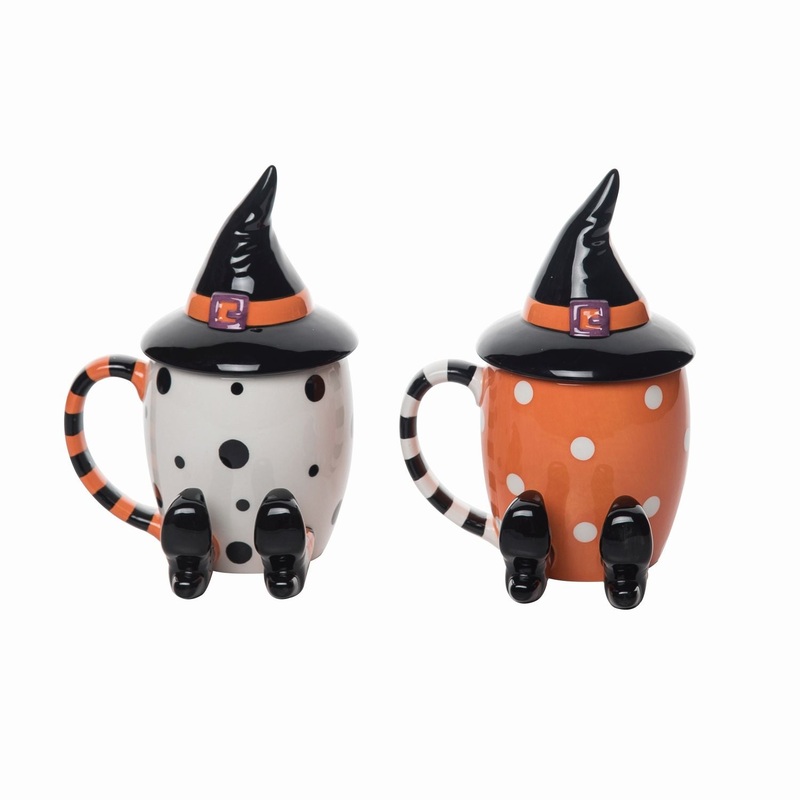 Transpac Dolomite Witch Mug With Hat Lid, Set Of 2, Assortment