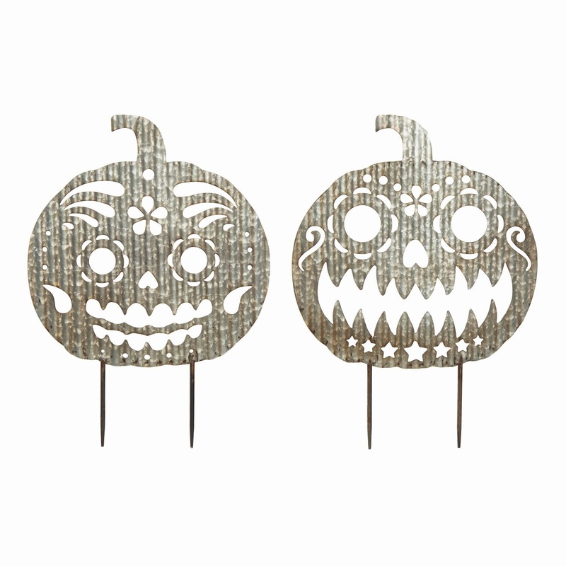 Transpac Metal Sugar Skull Pumpkin Yard Stake, Set Of 2, Assortment