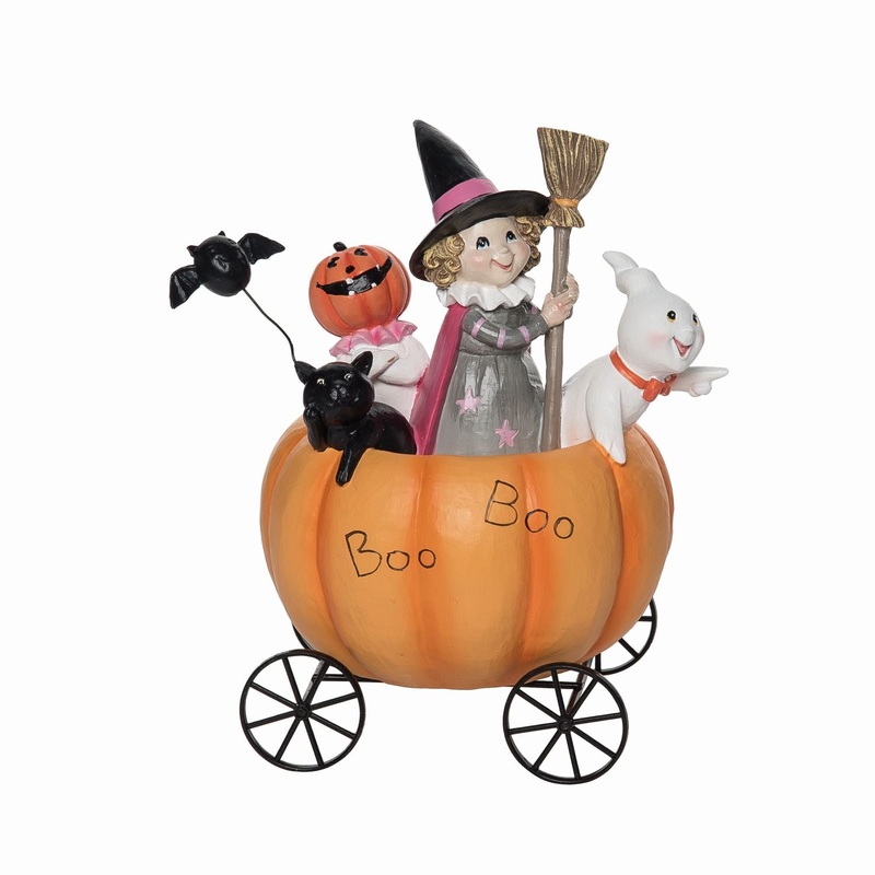 Transpac Resin Pumpkin Cart With Trick Or Treaters Decor