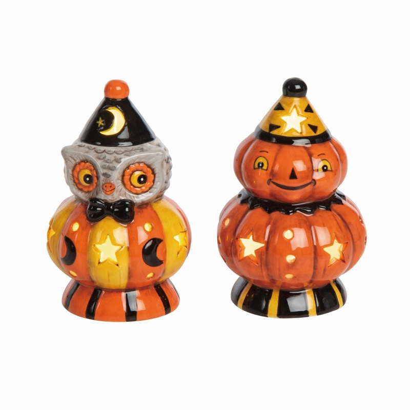 Transpac Small Dolomite Light Up Owl/Pumpkin Decor, Set Of 2, Assortment