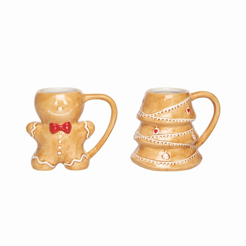 Transpac Dolomite Gingerbread Man/Tree Mug, Set Of 2, Assortment