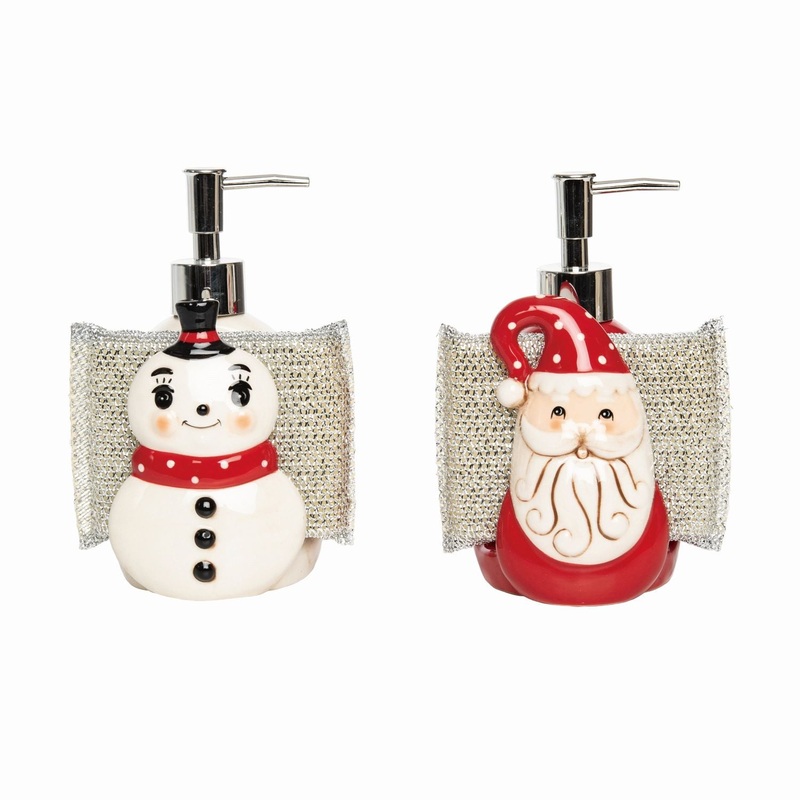 Transpac Dolomite Santa & Snowman Soap Dispenser/Sponge Holder, Set Of 2, Asst