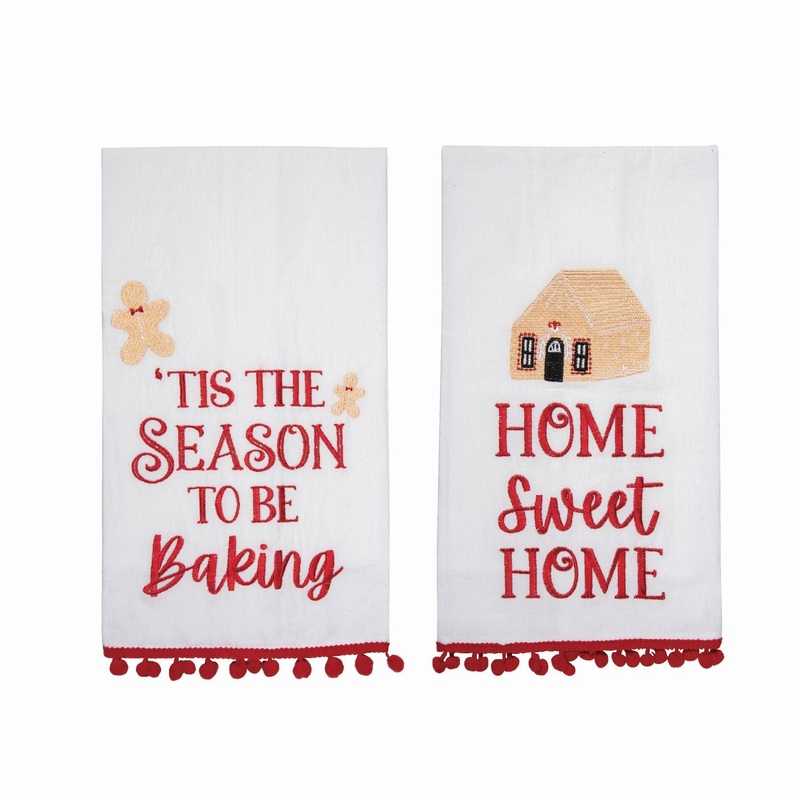 Transpac Fabric Embroidered Gingerbread Tea Towel, Set Of 2, Assortment