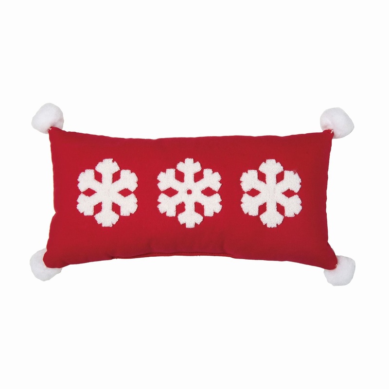 Transpac Fabric Embroidered White & Red Snowflake Lumbar Pillow