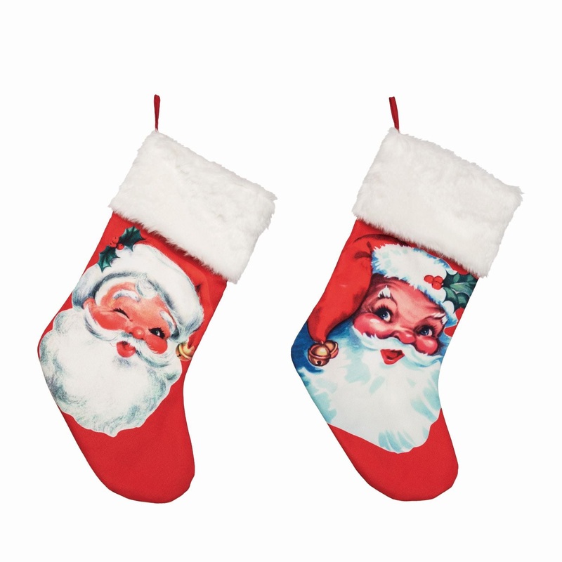 Transpac Fabric Santa Printed Stocking, Set Of 2, Assortment