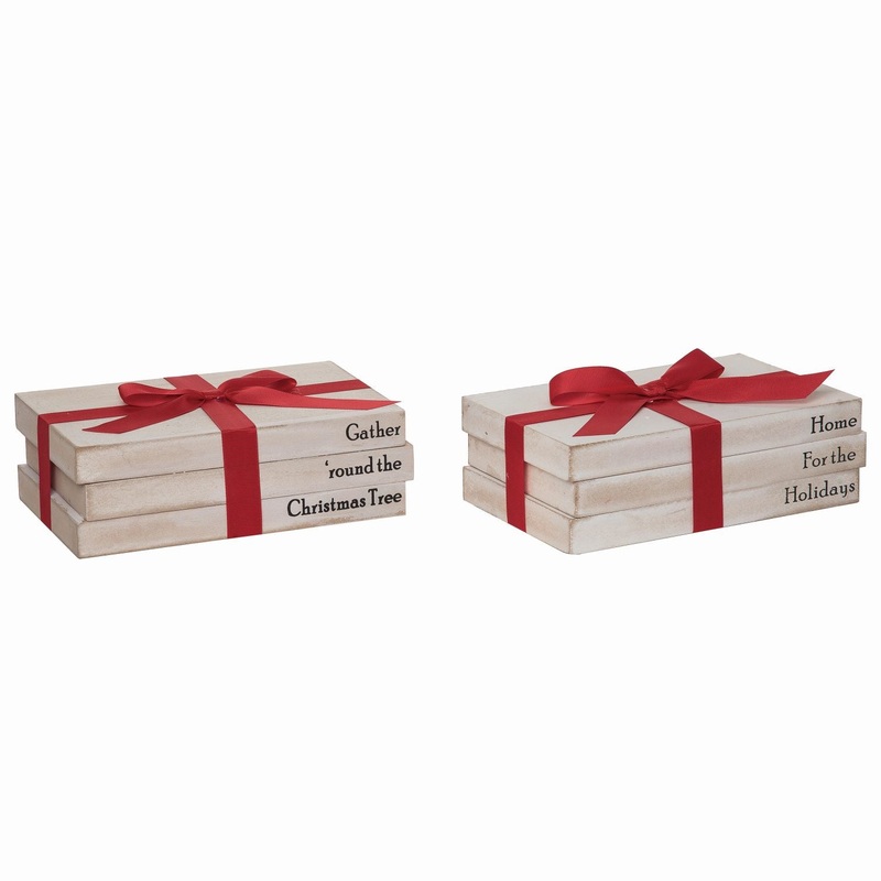 Transpac Large Wood Rustic Holiday Book Stack, Set Of 2, Assortment