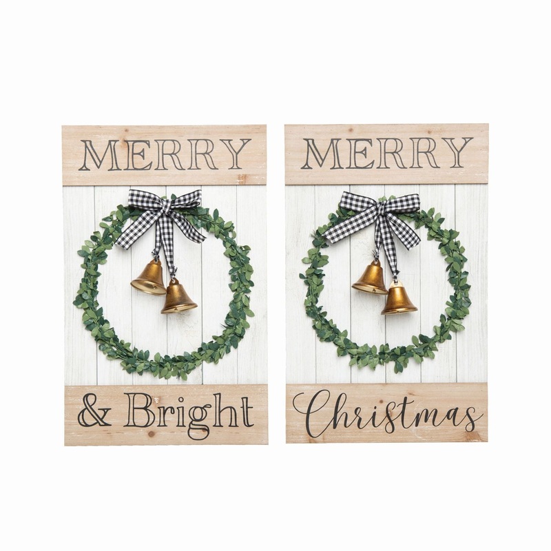 Transpac MDF Holiday Slat Decor With Bell, Set Of 2, Assortment