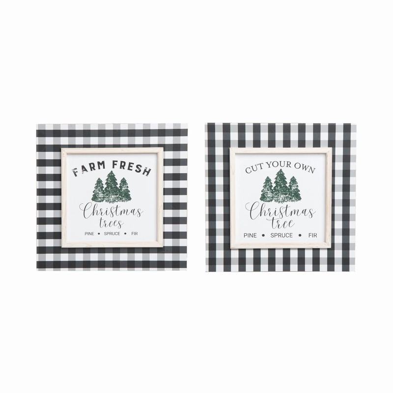Transpac MDF Plaid Block Decor, Set Of 2, Assortment