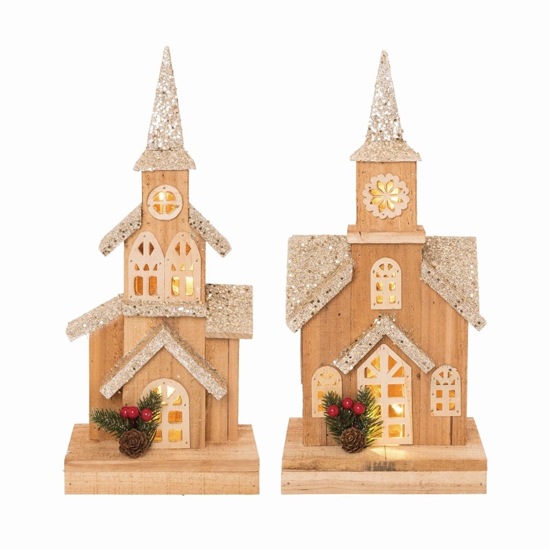 Transpac Wood Light Up Rustic Church, Set Of 2, Assortment