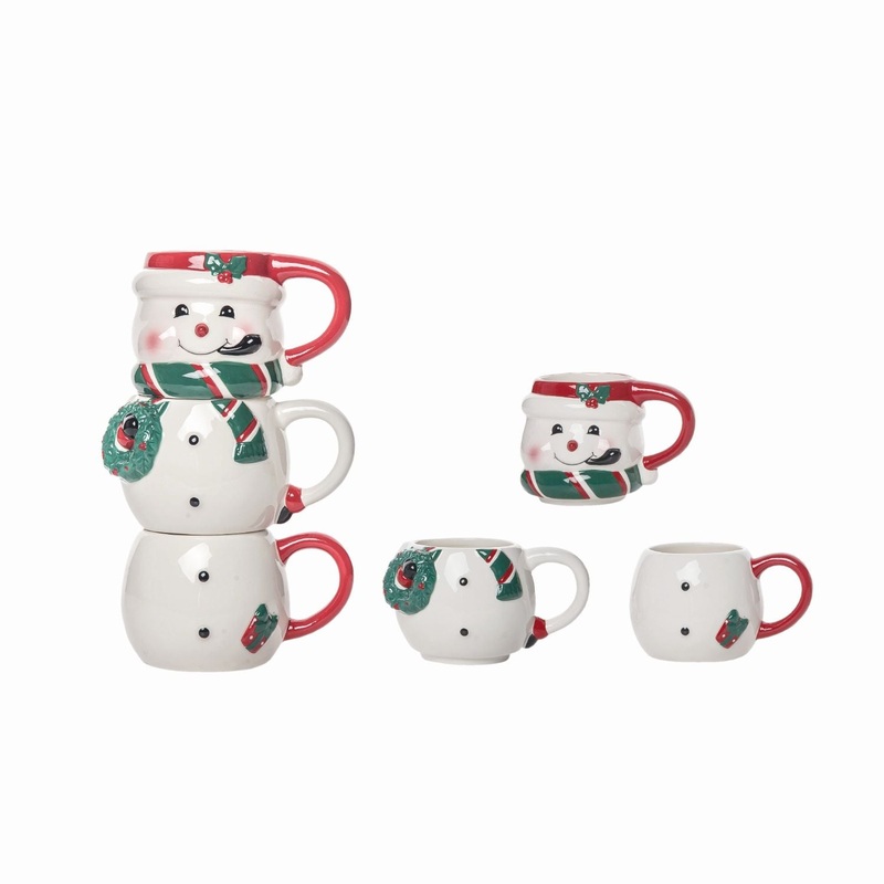 Transpac Dolomite Stacked Snowman Mugs, Set Of 3