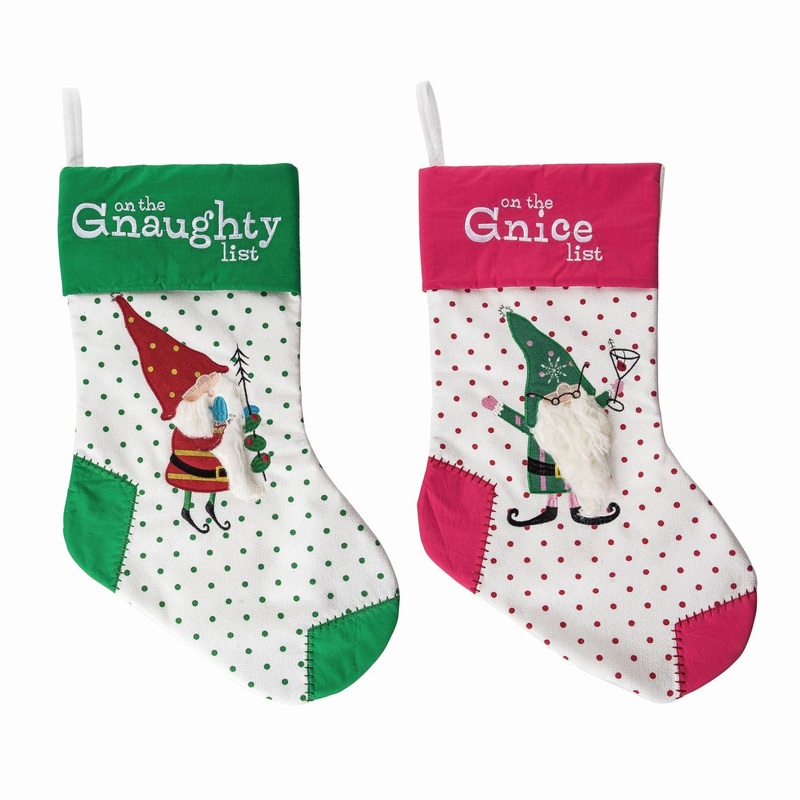 Transpac Fabric Gnaughty Gnome Stocking, Set Of 2, Assortment