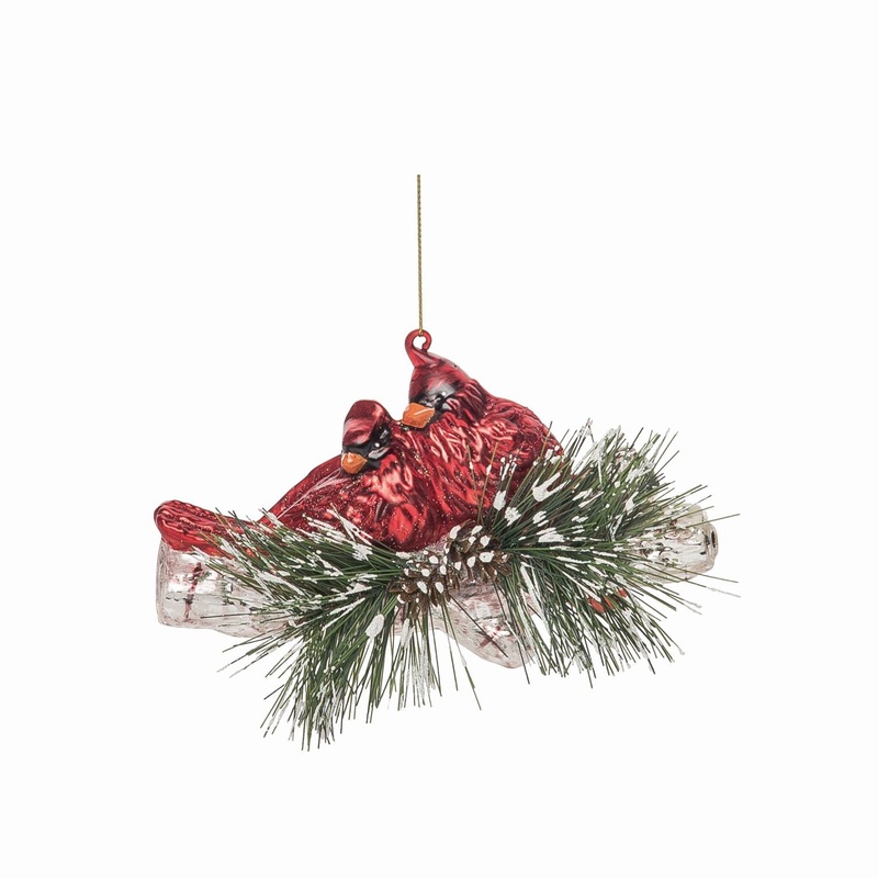 Transpac Glass Cardinals On Branch Ornament