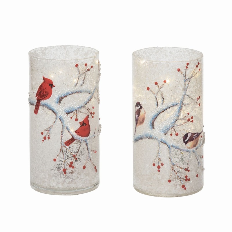 Transpac Glass Light Up Winter Bird Vase, Set Of 2, Assortment