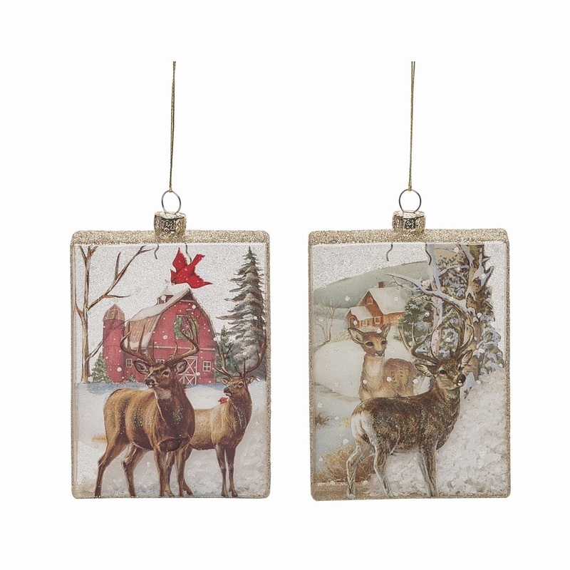 Transpac Glass Painted Barn Scene Ornament, Set Of 2, Assortment