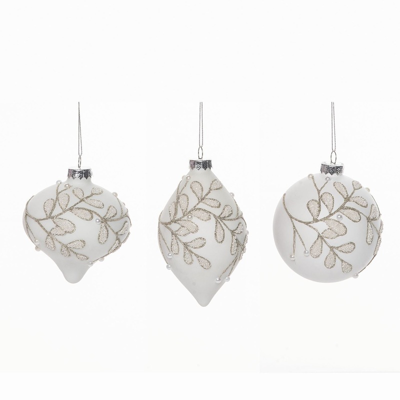 Transpac Glass White Leaves Ornament, Set Of 3, Assortment