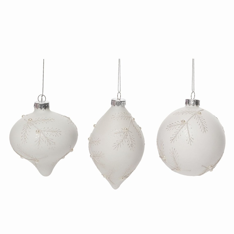 Transpac Glass White Pine Needle Ornament, Set Of 3, Assortment