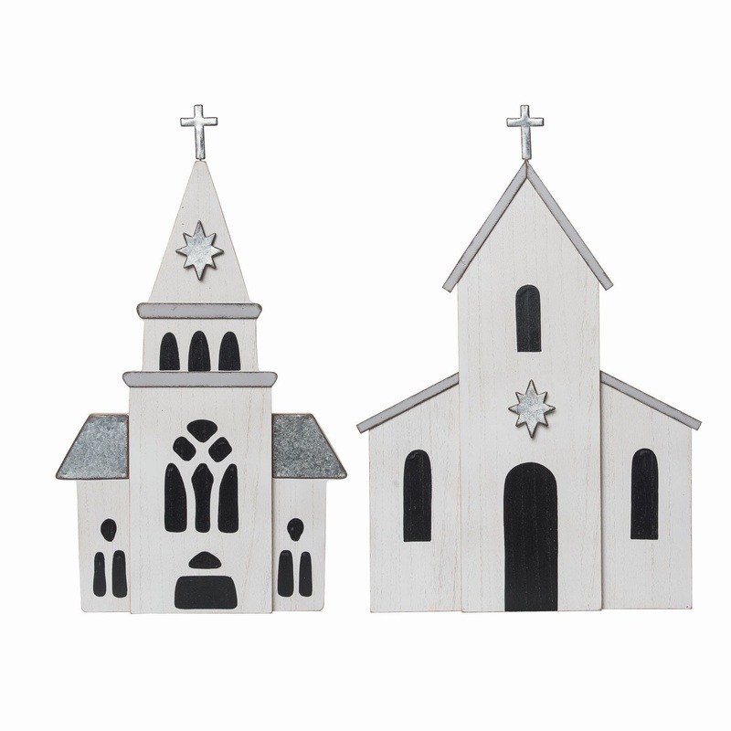 Transpac Large MDF/Metal Shaped Church Decor, Set Of 2, Assortment