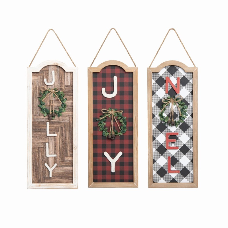 Transpac MDF Framed Words With Wreath & Bells Decor, Set Of 3, Assortment
