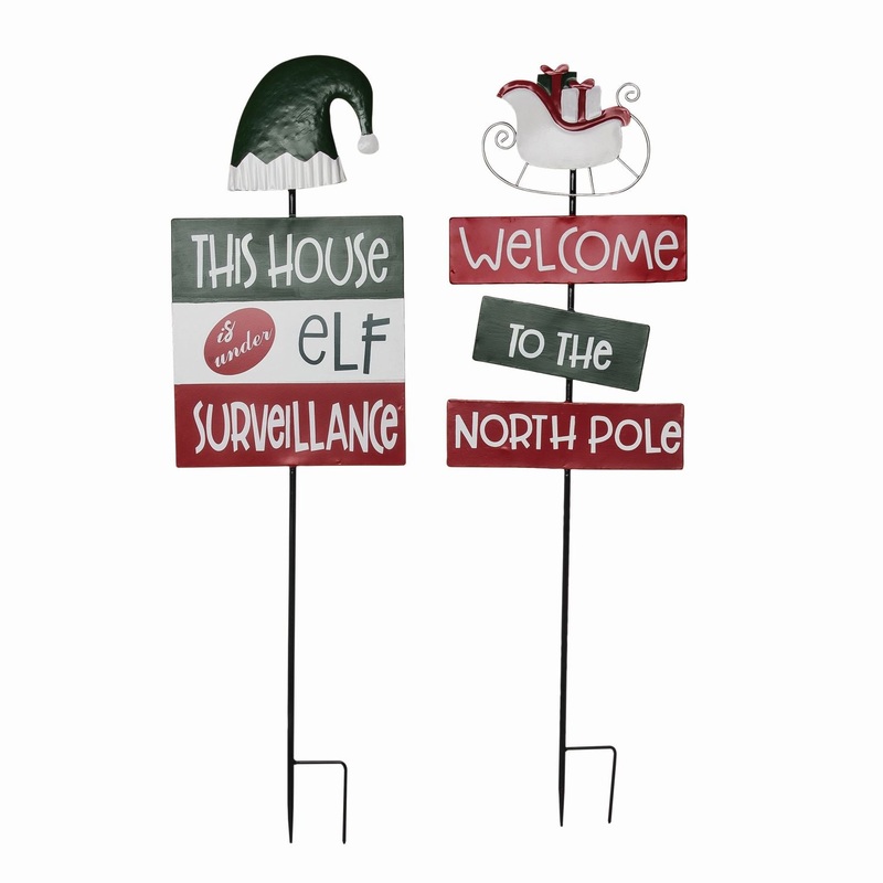 Transpac Metal Elf/North Pole Yard Stake, Set Of 2, Assortment