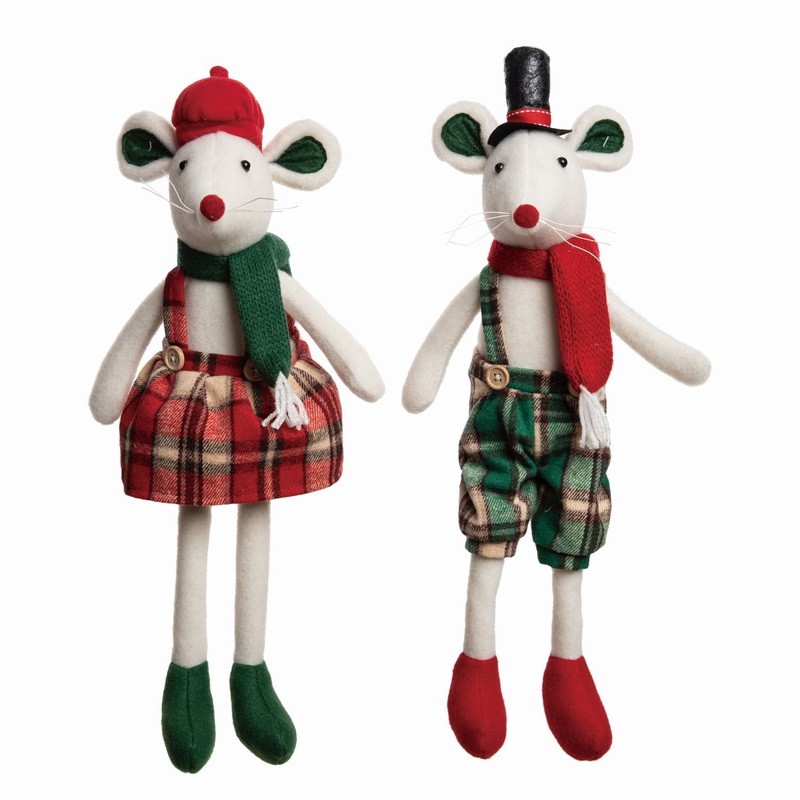 Transpac Plush Plaid Mouse Long Leg Sitter, Set Of 2, Assortment