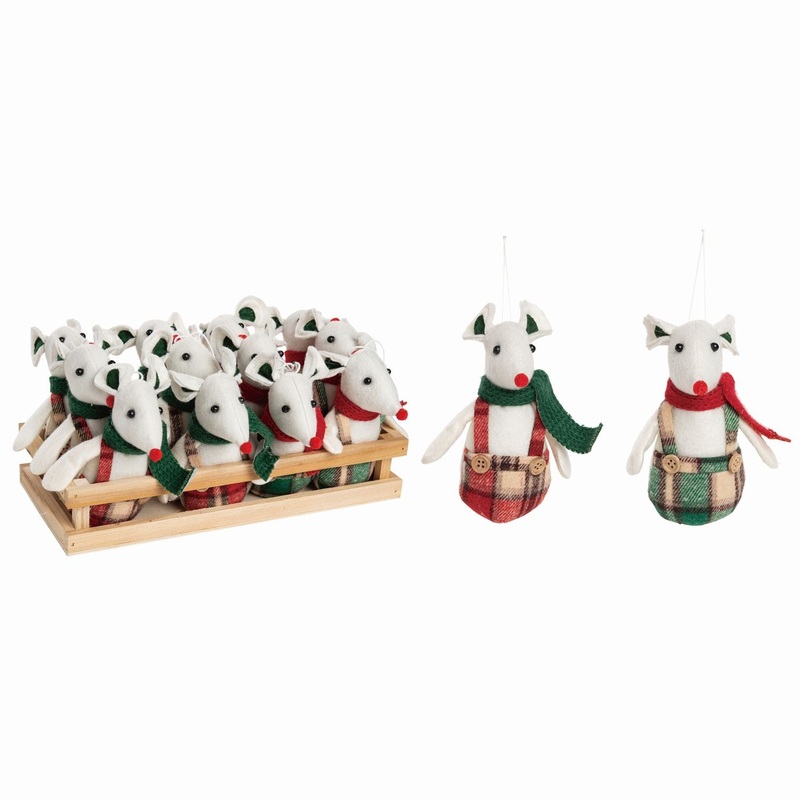 Transpac Plush Plaid Mouse Ornaments In Crate, Set Of 12