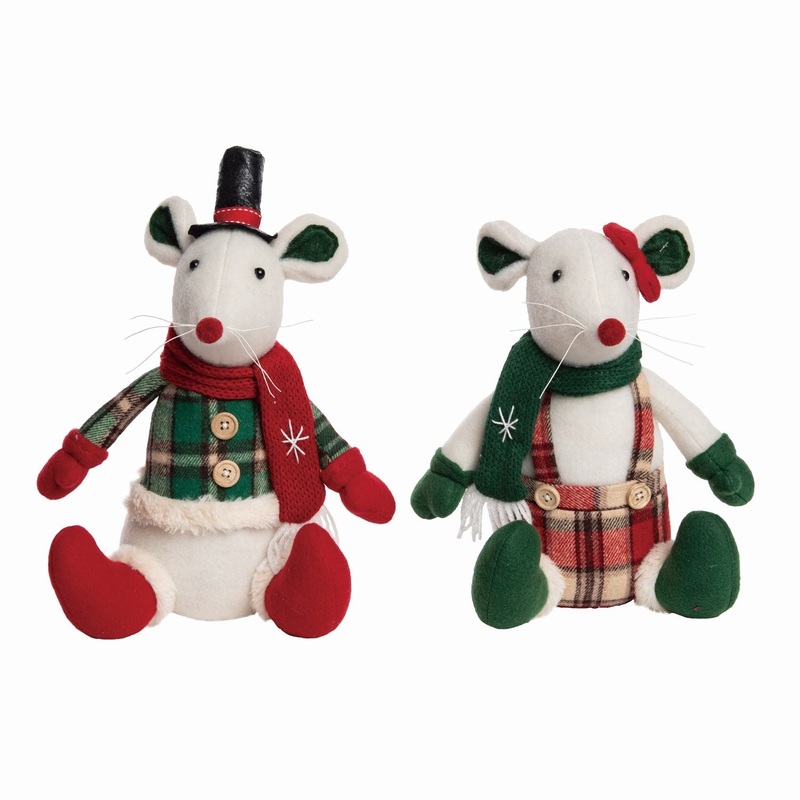 Transpac Plush Plaid Mouse Sitter, Set Of 2, Assortment