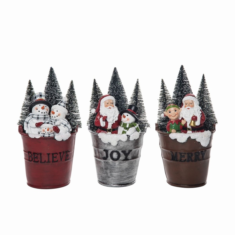 Transpac Resin Bucket Christmas Bottlebrush Figurine, Set Of 3, Assortment