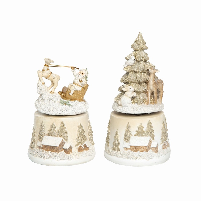 Transpac Resin Sleigh & Christmas Tree Music Box, Set Of 2, Assortment
