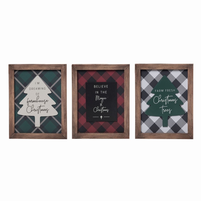 Transpac Wood Framed Plaid Christmas Decor, Set Of 3, Assortment