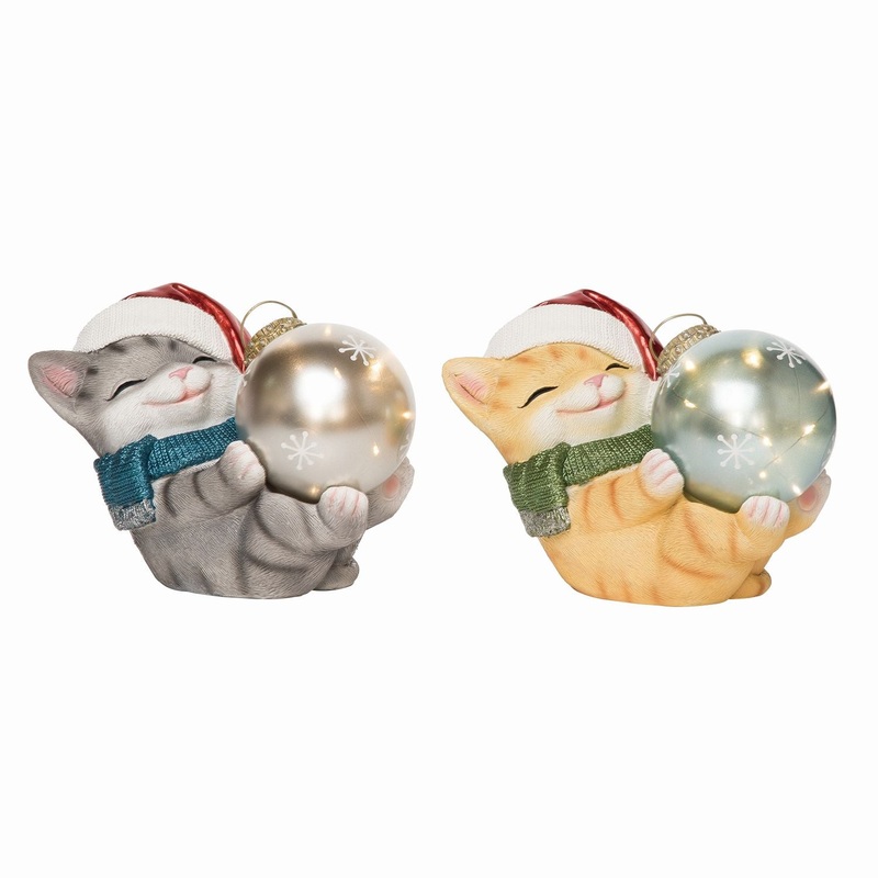 Transpac Light Up Kitten Holding Ornament Decor, Set Of 2, Assortment