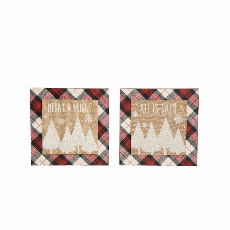 Transpac MDF Plaid Snowy Block Decor, Set Of 2, Assortment