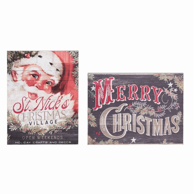 Transpac MDF Retro Christmas Box Sign, Set Of 2, Assortment