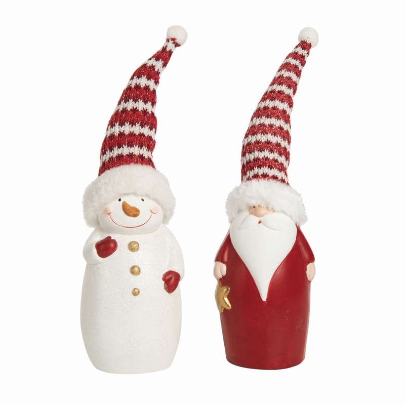 Transpac Medium Terra Cotta Snowman/Santa With Knit Hat Figurine, Set Of 2 Asst.