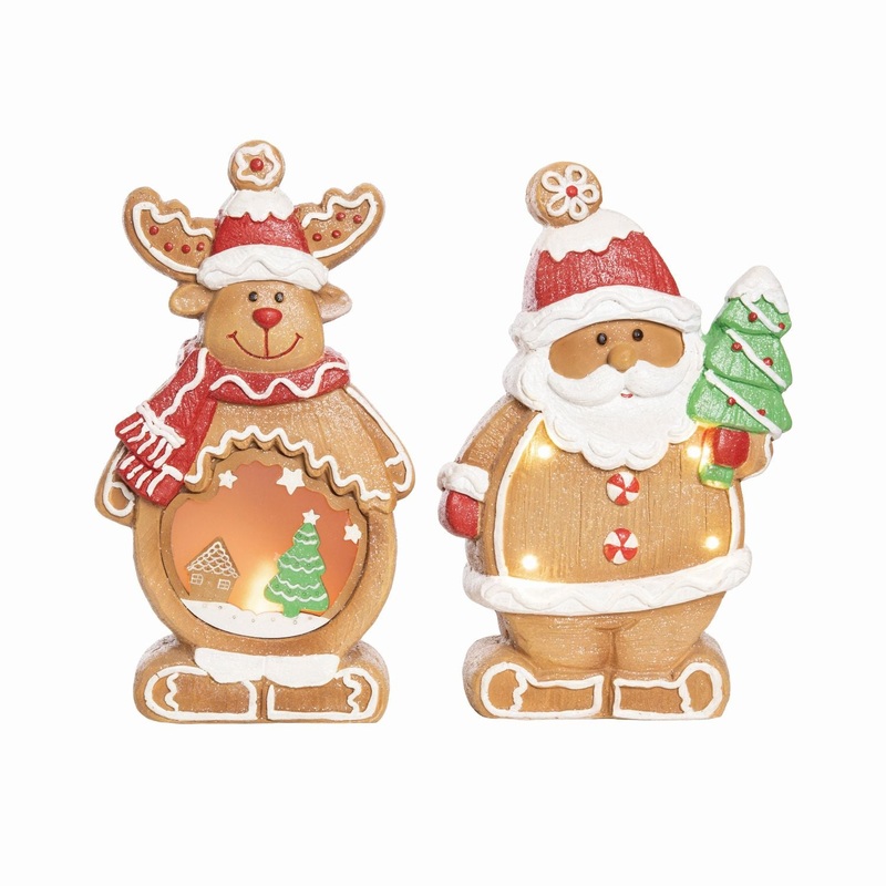 Transpac MgO Light Up Gingerbread Santa/Reindeer, Set Of 2, Assortment
