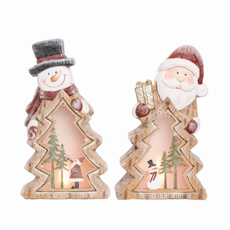 Transpac MgO Light Up Santa/Snowman With Scene Decor, Set Of 2, Assortment