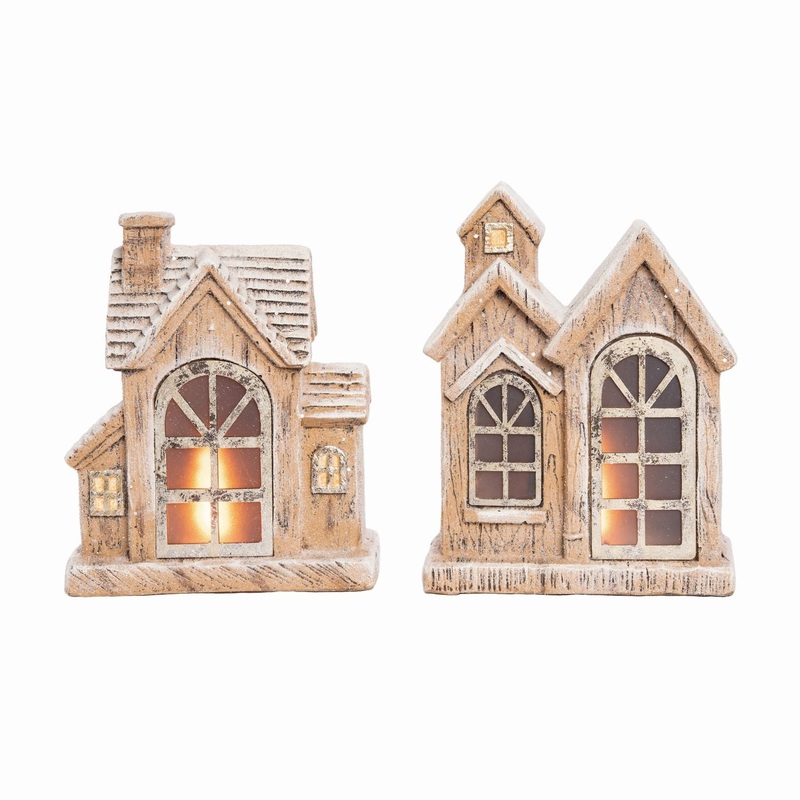 Transpac MgO Light Up Snowy Home, Set Of 2, Assortment