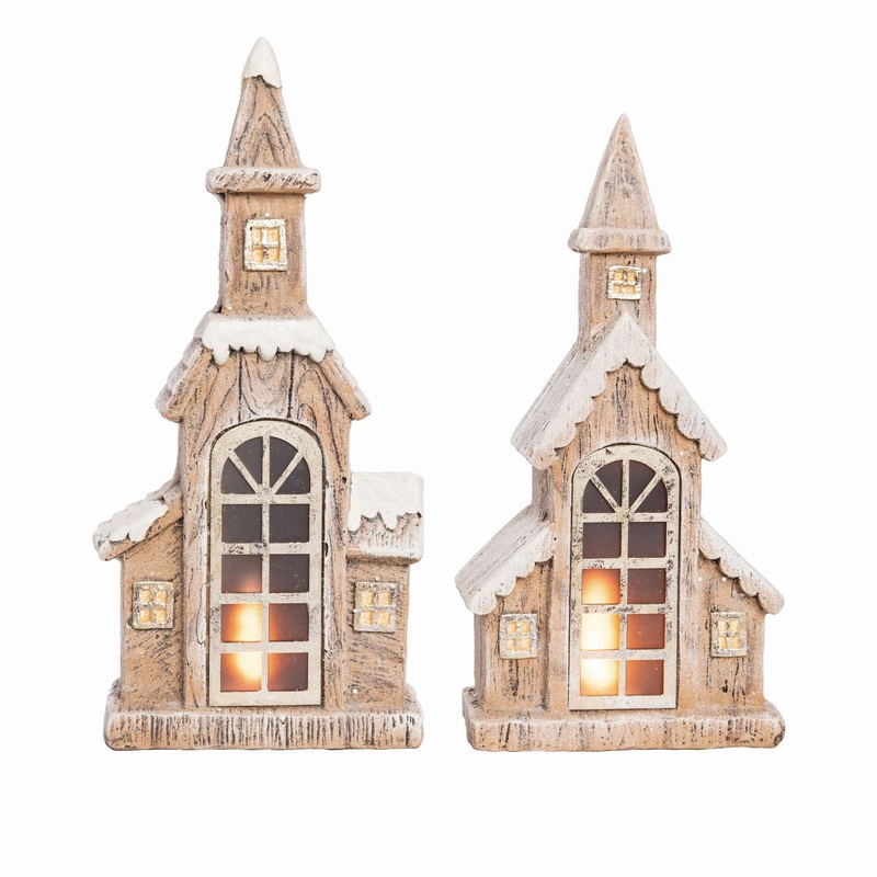 Transpac MgO Light Up Snowy Steeple, Set Of 2, Assortment