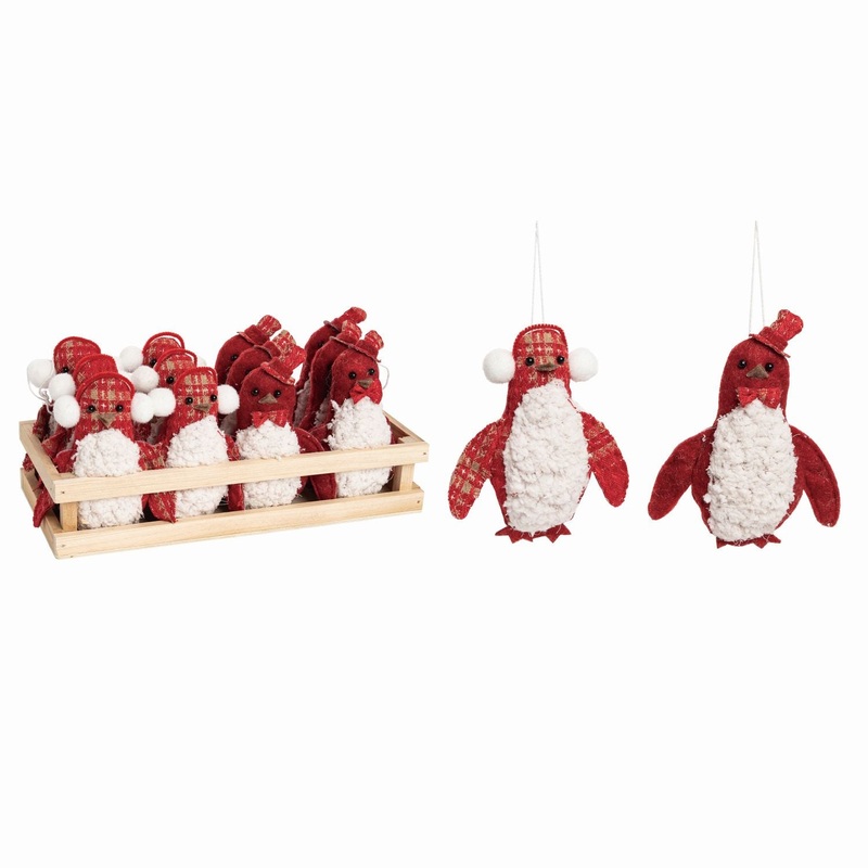 Transpac Plush Holiday Penguin Ornaments In Wood Display, Set Of 12