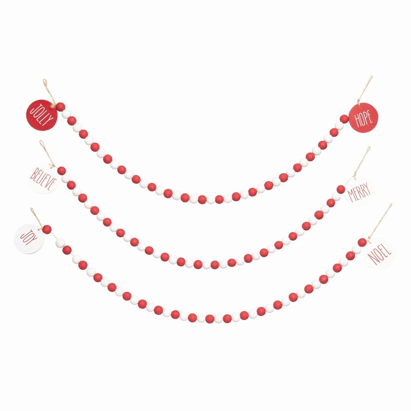 Transpac Wood Beaded Merry Garland Decor, Set Of 3, Assortment